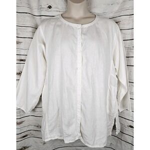 Eileen Fisher 100% Linen White Tunic Top 1X Button Up Lagenlook Womens